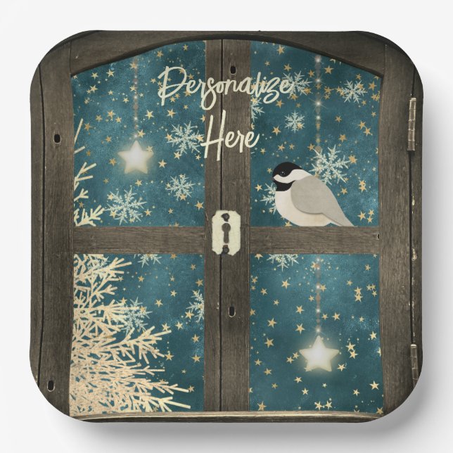 Rustikale Winterhüttensterne, Schneeflocken Pappteller (Vorderseite)