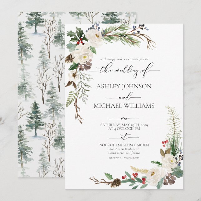 Rustikale Winterkalligrafie Botanische Hochzeit Einladung (Vorne/Hinten)