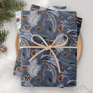Rustikale Winterkiefernzapfen Fichtenzweige Blätte Geschenkpapier Set