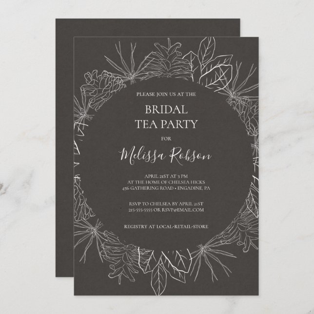 Rustikale Winterkohle Bridal Tee Party Einladung (Vorne/Hinten)