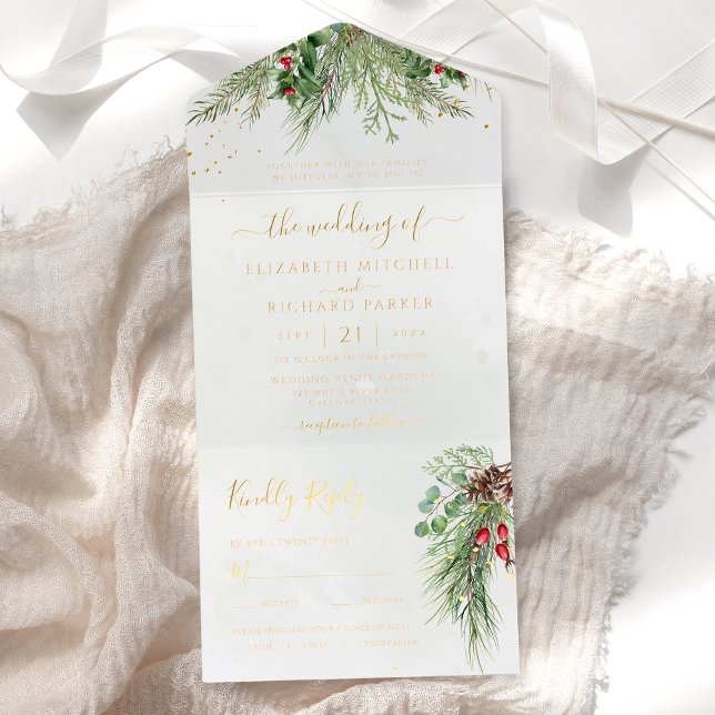 Rustikale Winterlandschaft Berries Pine Cone Weddi All-in-One-Einladung (Von Creator hochgeladen)