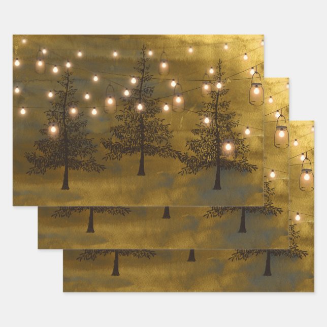 Rustikale Winterlandschaft Goldene Lichter Geschenkpapier Set (Set)