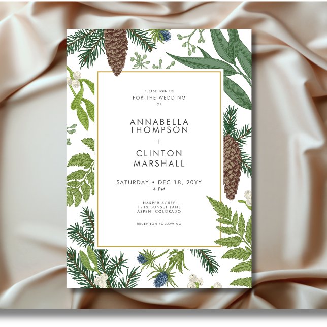 Rustikale Winterlandschaft & Kiefernrahmen Hochzei Einladung (Rustic Winter Nature & Pine Frame Wedding Invitation)