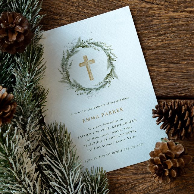 Rustikale Winterlandschaft | Kranken und Taufen Einladung (The perfect simple and rustic Baptism invitation with winter greenery and a wood look cross)