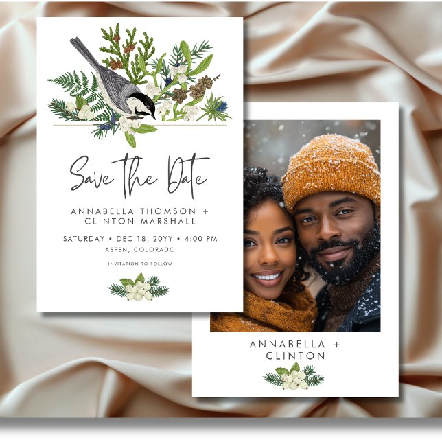 Rustikale Winterlandschaft & Pine Wedding Foto Save The Date (Rustic Winter Nature & Pine Wedding Photo Save The Date)