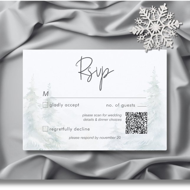 Rustikale Winterlandschaft Wasserfarbe QR Code RSVP Karte (Rustic Mountain Winter Scene Watercolor QR Code RSVP Card)