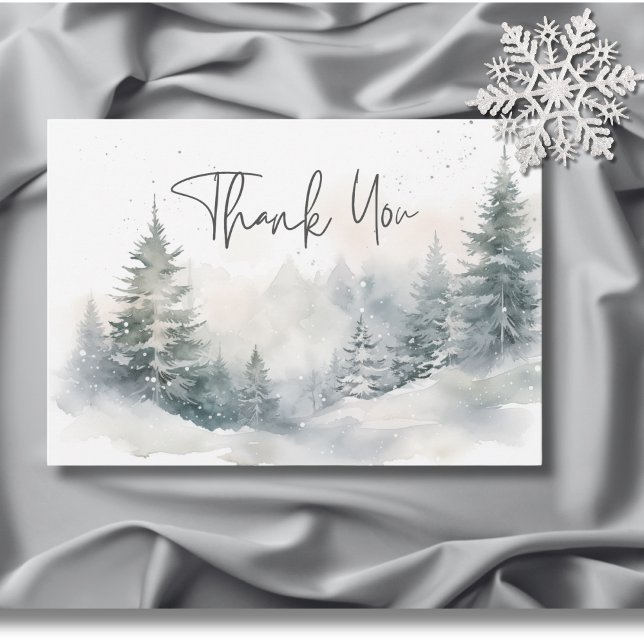 Rustikale Winterlandschaft Wasserfarbenprägung Dankeskarte (Rustic Mountain Winter Scene Watercolor Wedding Thank You Card)