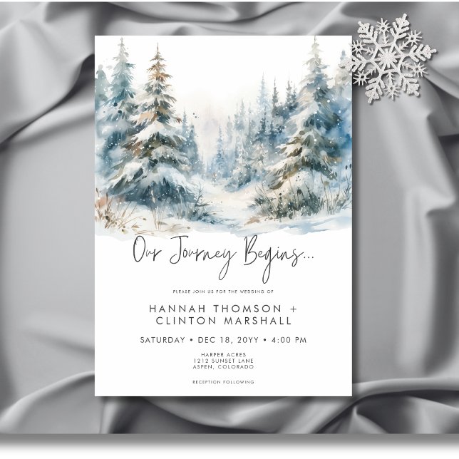 Rustikale Winterlandschaft Wasserfarbenprägung Einladung (Rustic Mountain Winter Scene Watercolor Wedding Invitation)