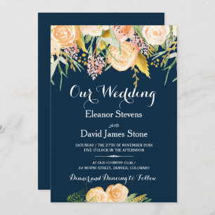 Rustikale Wintermarinebelpfirsiche Blütenhochzeit Einladung