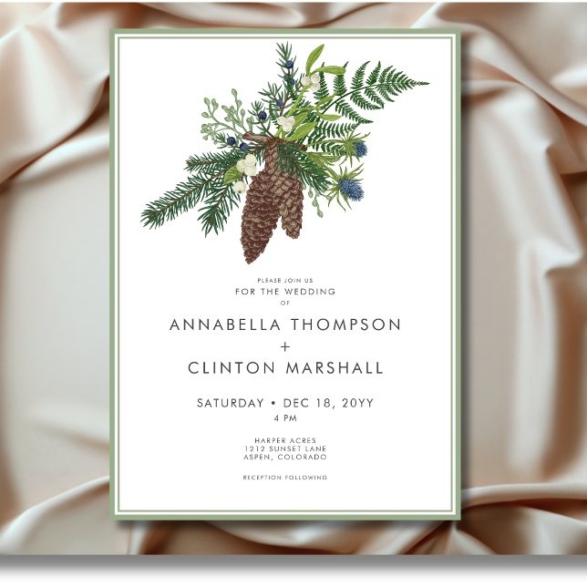 Rustikale Winterpine & Berries Spray Wedding Einladung (Rustic Winter Pine & Berries Spray Wedding Invitation)