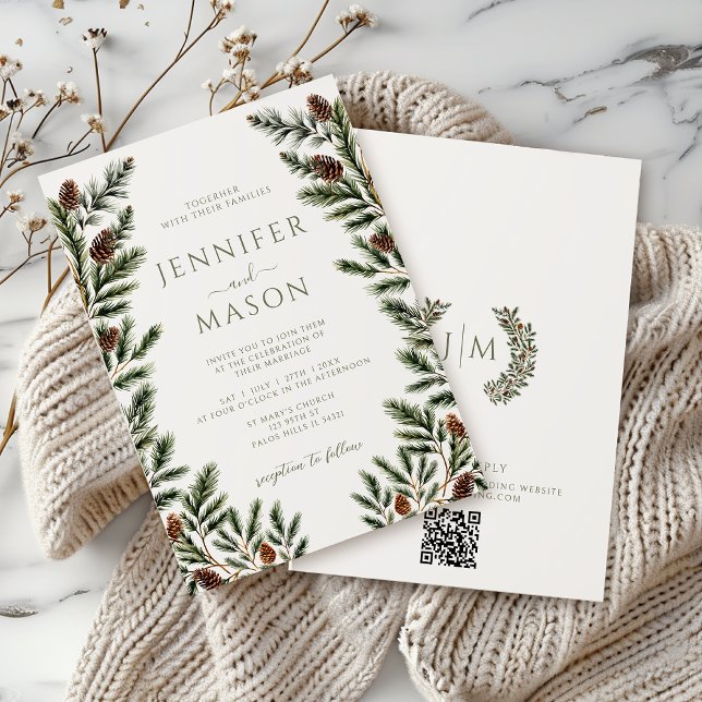 Rustikale Winterpine Tree Cones Boho Wedding QR Einladung (Von Creator hochgeladen)