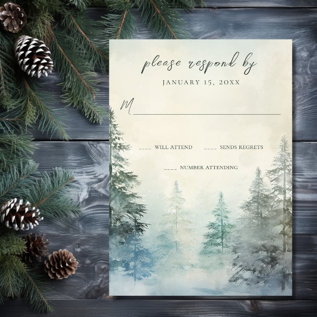 Rustikale Winterpinienwaldhochzeit RSVP Karte (Front - Rustic Winter Pine Forest Woodland Wedding RSVP Card)
