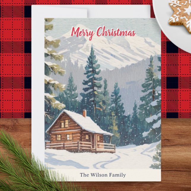 Rustikale Winterschnee Landhaus Weihnachten (A rustic personalized Christmas card with illustration of a cabin on a mountain with snow and trees)