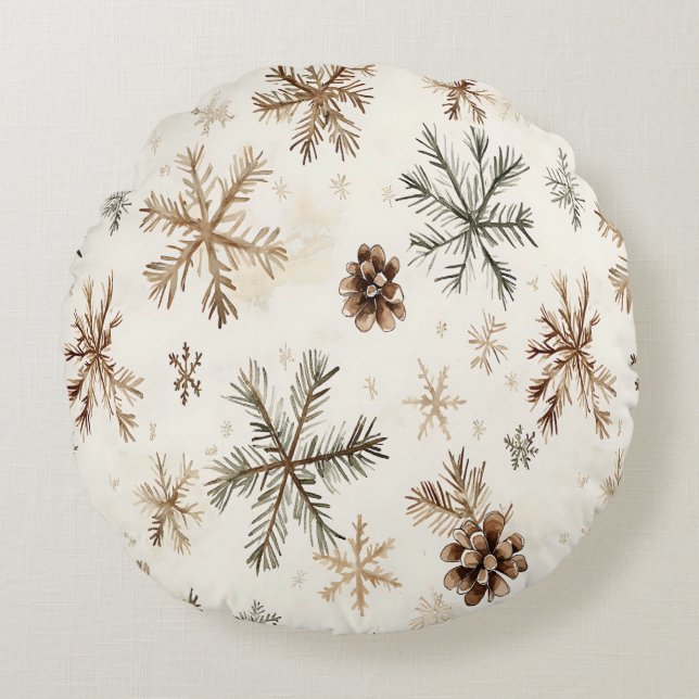 Rustikale Winterschneeflocken und Pinecone Rundes Kissen (Vorderseite)