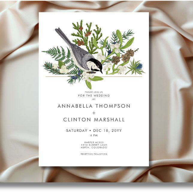 Rustikale Wintervögel & Pine Bouquet Wedding Einladung (Rustic Winter Bird & Pine Bouquet Wedding Invitation)