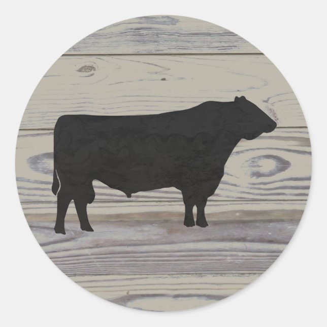 Rustikale Wood Angus Bull Watercolor Silhouette Runder Aufkleber (Vorderseite)