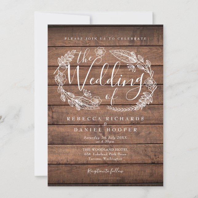 Rustikale Wood Floral Garland Script Hochzeit Einladung (Vorderseite)