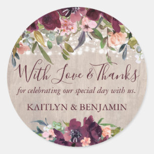 Rustikale Wood Floral Lights Hochzeit Liebe & Dank Runder Aufkleber