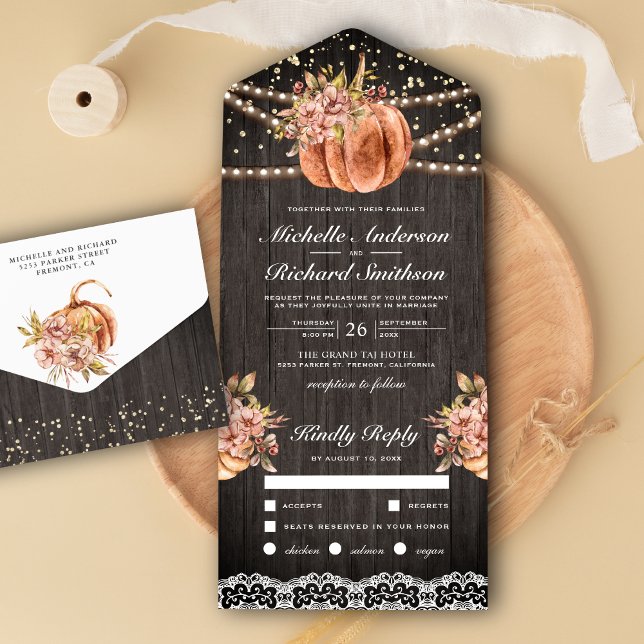 Rustikale Wood Floral Pumpkin Herbst Hochzeit im H All In One Einladung (Von Creator hochgeladen)