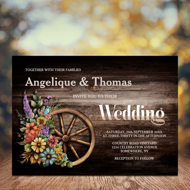 Rustikale Wood Floral Wagon Wheel Wedding Einladung (Von Creator hochgeladen)