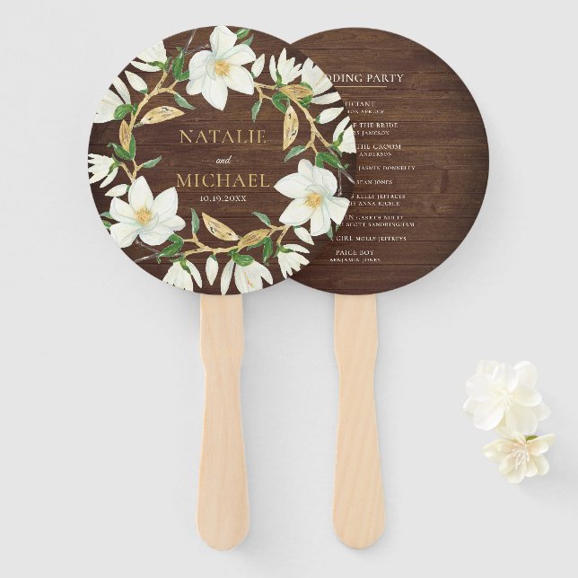Rustikale Wood Magnolia Custom Wedding Fächer (Vorne und Hinten)