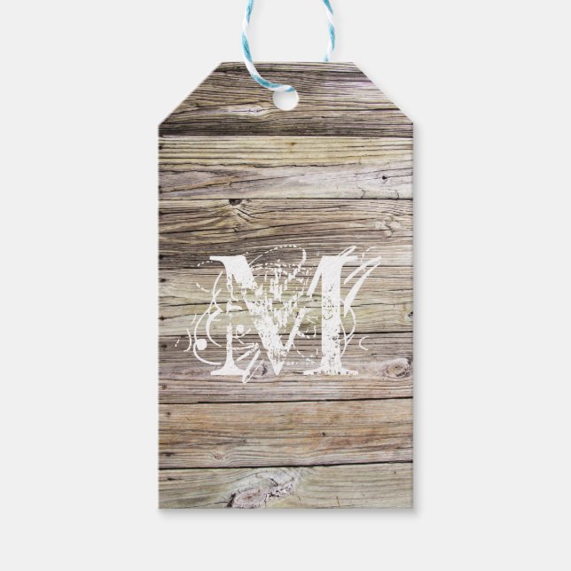 Rustikale Wood Mit Monogramm Gift Tags Geschenkanhänger (Vorderseite)