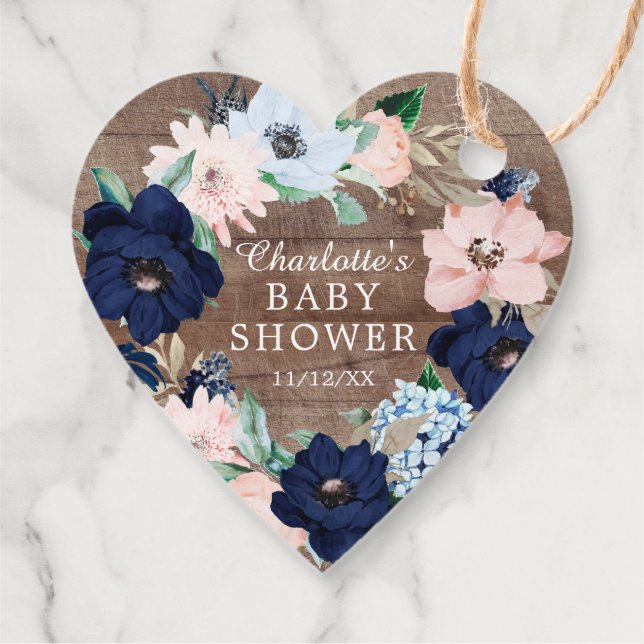 Rustikale Wood Navy & Blush Floral Baby Dusche Gef Geschenkanhänger (Rückseite)