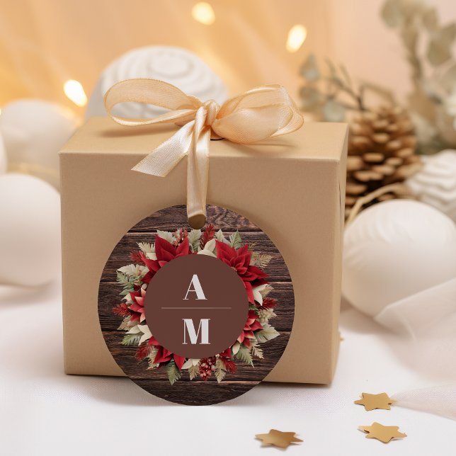 Rustikale Wood Poinsettia Weihnachtsfeier Runder Aufkleber (Von Creator hochgeladen)