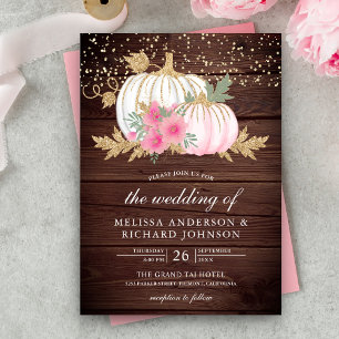 Rustikale Wood White Pumpkin Pink Floral Hochzeit  Einladung