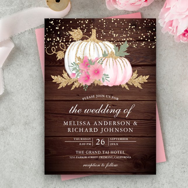 Rustikale Wood White Pumpkin Pink Floral Hochzeit  Einladung (Von Creator hochgeladen)