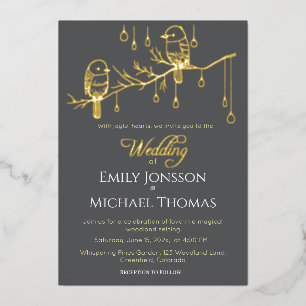 Rustikale Woodland Love Birds Romantische Hochzeit Folieneinladung