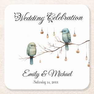 Rustikale Woodland Love Birds Romantische Hochzeit Rechteckiger Pappuntersetzer