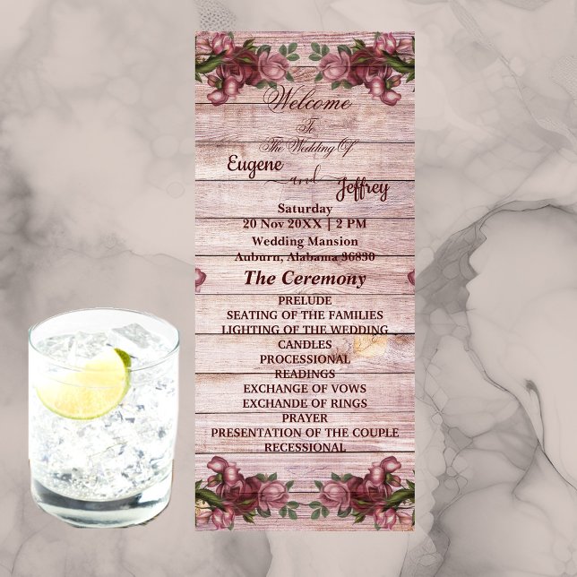 Rustikale Woodland-Rose Blumenlandhochzeit Programm (Rustic Woodland Roses Floral Country Wedding Program)