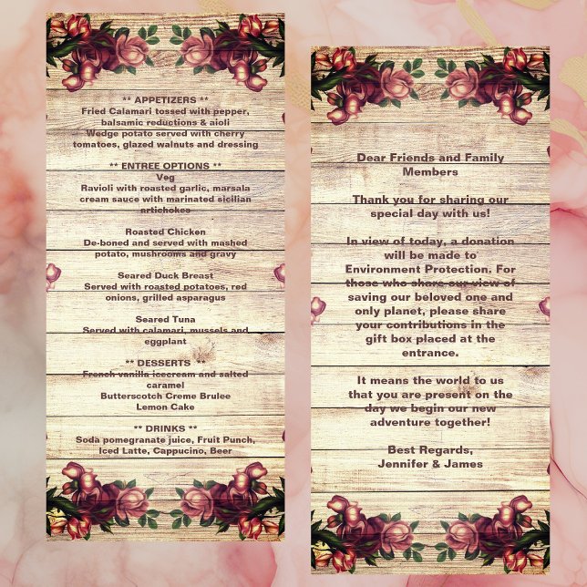 Rustikale Woodland-Rose Burgund Country Wedding Menükarte (Rustic Woodland Roses Burgundy Country Wedding Menu)