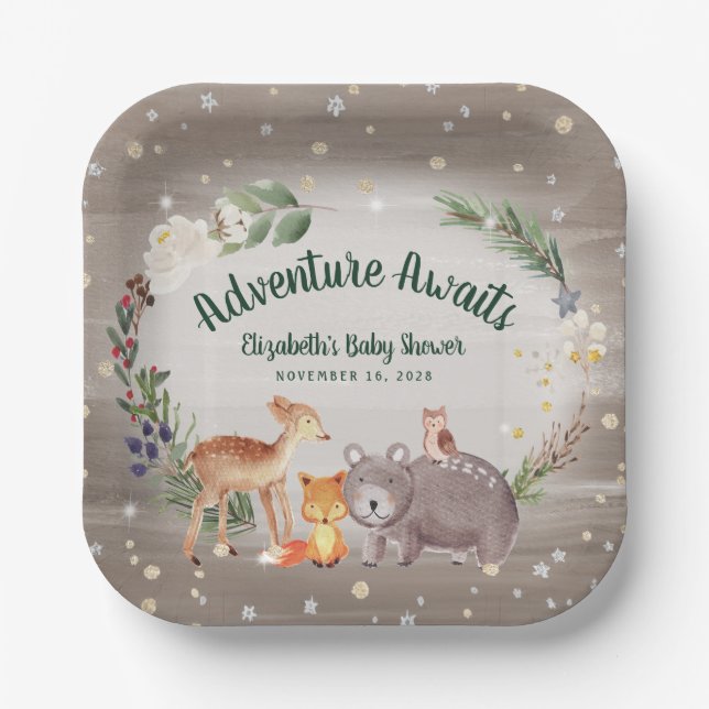 Rustikale Woodland-Tiere Winter Baby-Dusche Pappteller (Vorderseite)