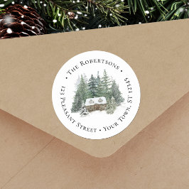 Rustikale Woodland Weihnachtshütte Rücksendeadress Runder Aufkleber