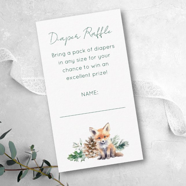 Rustikale Woodlandtiere Kinderdusche Windelwindeln Begleitkarte (This woodland Diaper Raffle card with winter greenery is perfect for a rustic baby shower.)