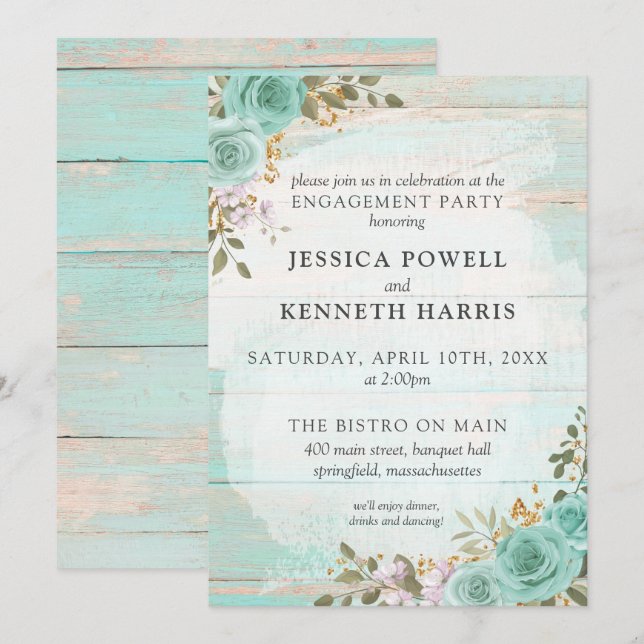 Rustikale Woods Turquoise Floral Engagement Party Einladung (Vorne/Hinten)
