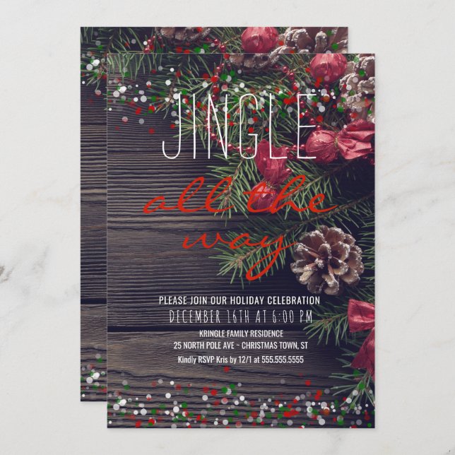Rustikale Wreath Holiday Party Jingle Einladung (Vorne/Hinten)
