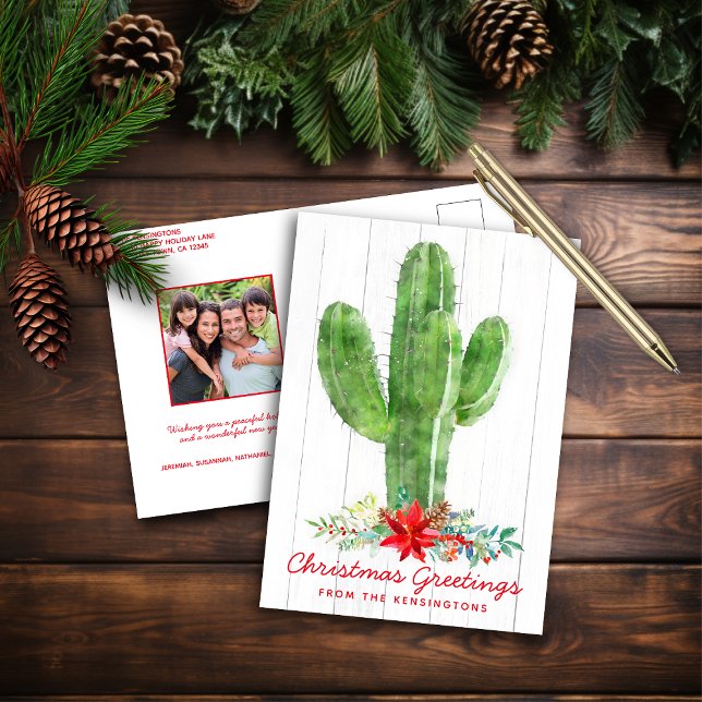 Rustikale Wüste Kaktus Weihnachtsfeiertag Foto Feiertagspostkarte (Rustic Desert Cactus Christmas Holiday Photo Postcard)