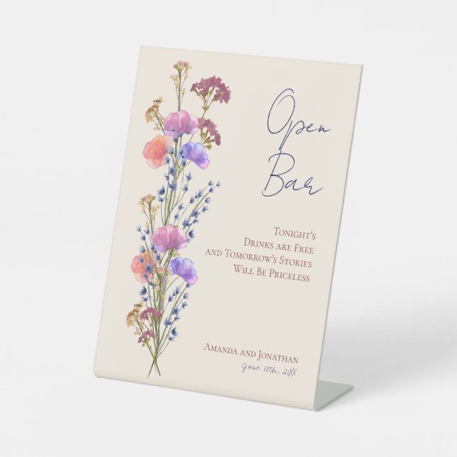 Rustikale zarte Beige Blumenhochzeit Offene Bar Sockelschild (Vorderseite)