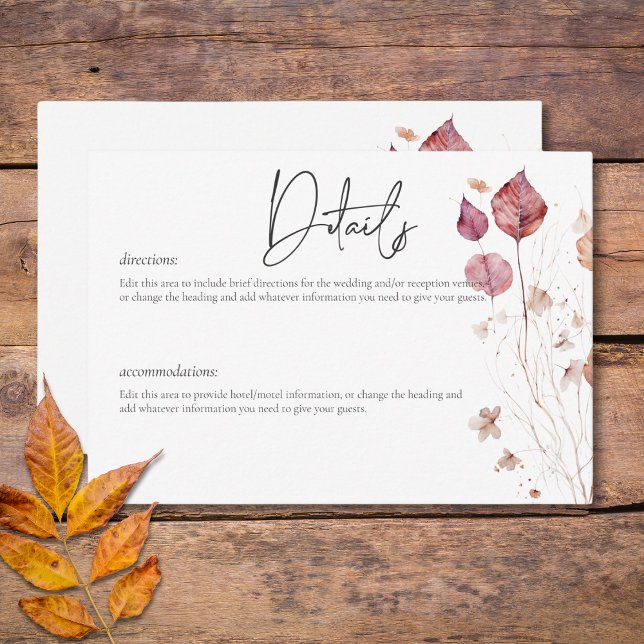 Rustikale, zarte Burgunder Rust Herbstlaub Details Begleitkarte (Rustic Delicate Burgundy Rust Fall Leaves Details Enclosure Card)