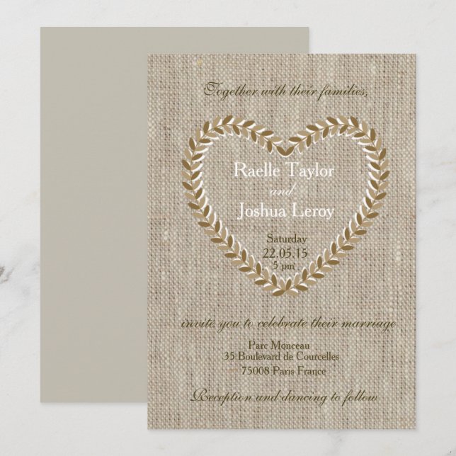 Rustikale Zen-Burlap Herz taupe Hochzeit Einladung (Vorne/Hinten)