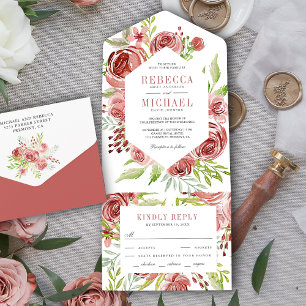 Rustikale Zimtrose Staubige rosa Blumenhochzeit All In One Einladung