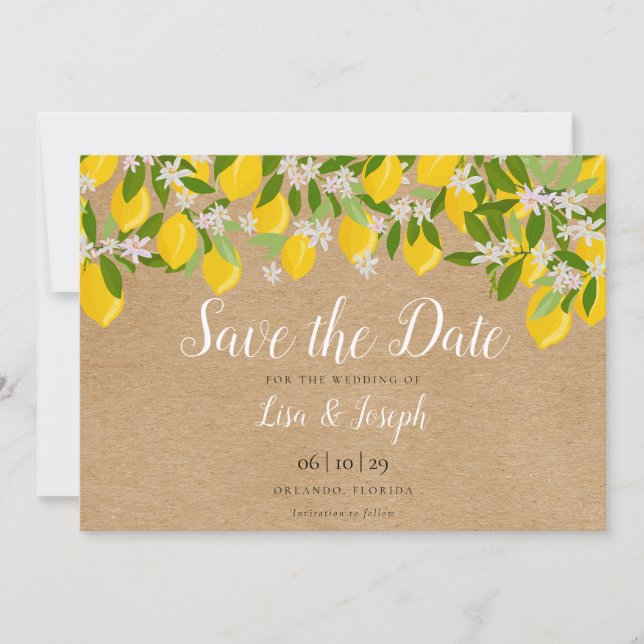 Rustikale Zitronen blühen Elegant Script Save The Date (Vorderseite)