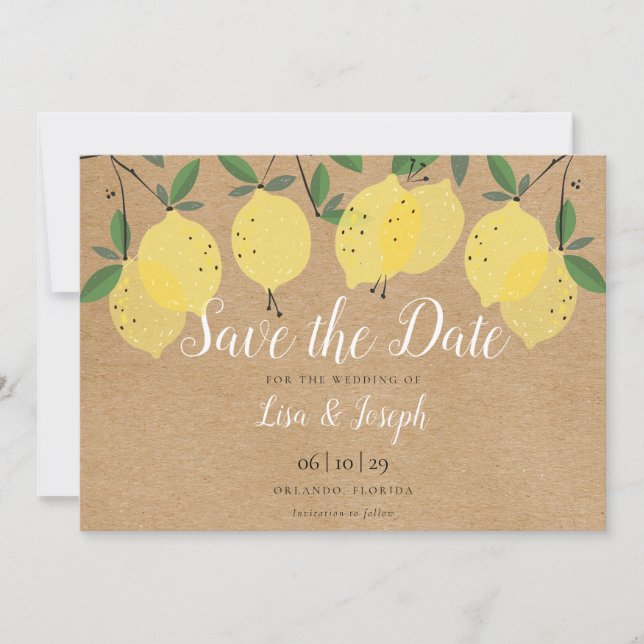Rustikale Zitronen Boho Elegantes Skript Save The Date (Vorderseite)