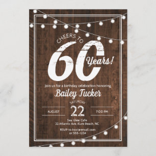 Rustikaler 60. Geburtstag mit String Lights Party Einladung