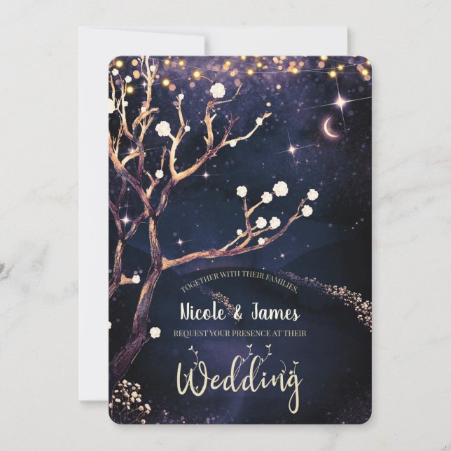 Rustikaler Abend Lights Lila Hochzeit Einladung (Vorderseite)