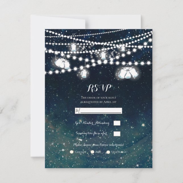 Rustikaler Abend Sky Mason Jar Lights Wedding RSVP Einladung (Vorderseite)