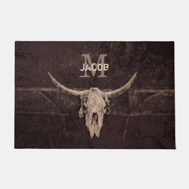 Rustikaler alter Western Bull Skull Brown Beige Mo Fußmatte (Vorderseite)